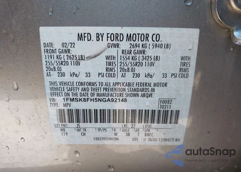 2022 Ford Explorer Limited z USA, uszkodzony, nr VIN 1FMSK8FH5NGA92148